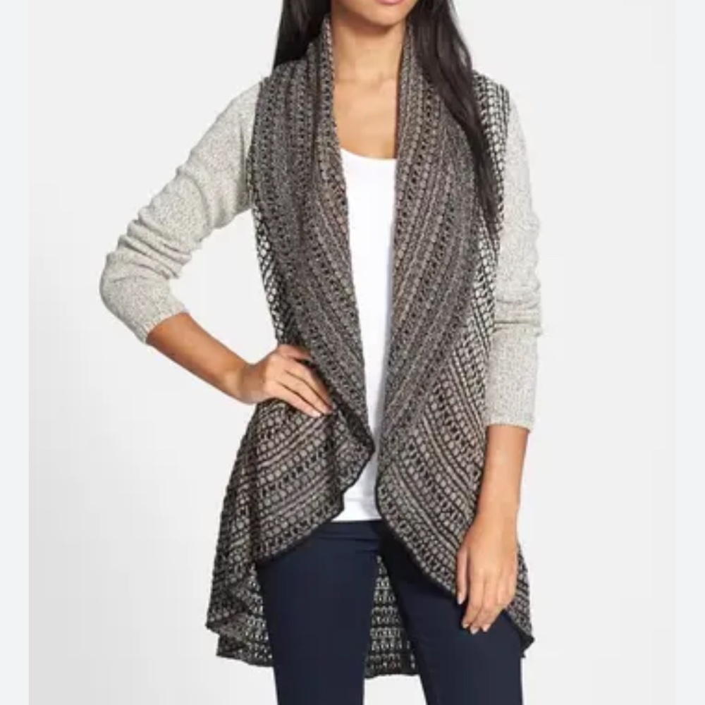 Nic & Zoe Cossack Sweater Cardigan Open Front Weave Shawl Collar Long Silhouette